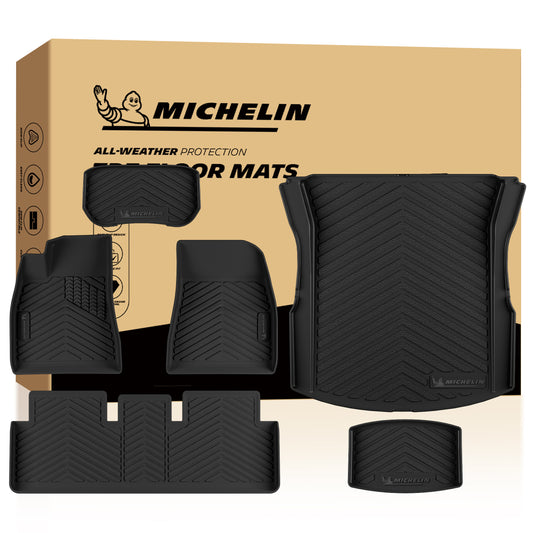 MICHELIN premium 6-piece set of black all-weather TPE custom-fit car floor and cargo mats exclusively designed for the 2024-2027 Tesla Model 3. Includes driver and passenger mats, rear row mat, front trunk (frunk) mat, rear trunk mat, and sub-trunk mat, featuring high-density TPE for ultimate waterproof full-interior protection.
