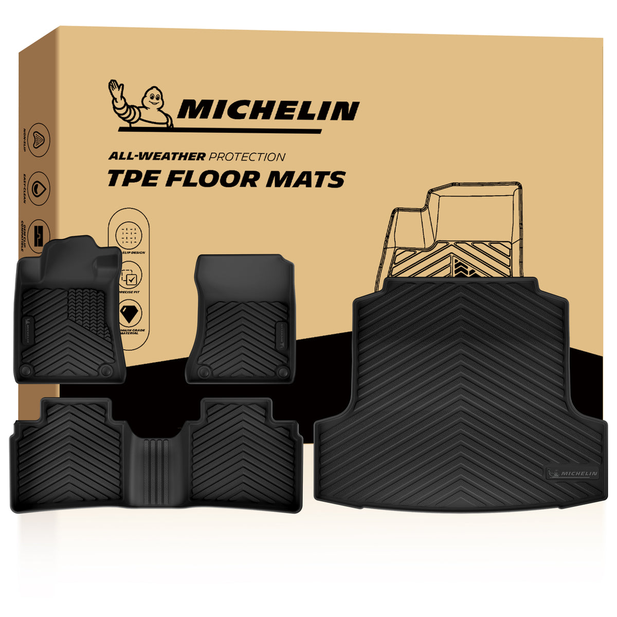 Michelin all-weather TPE floor mats, advanced protection for vehicles, durable and slip-resistant, custom-fit car mats.