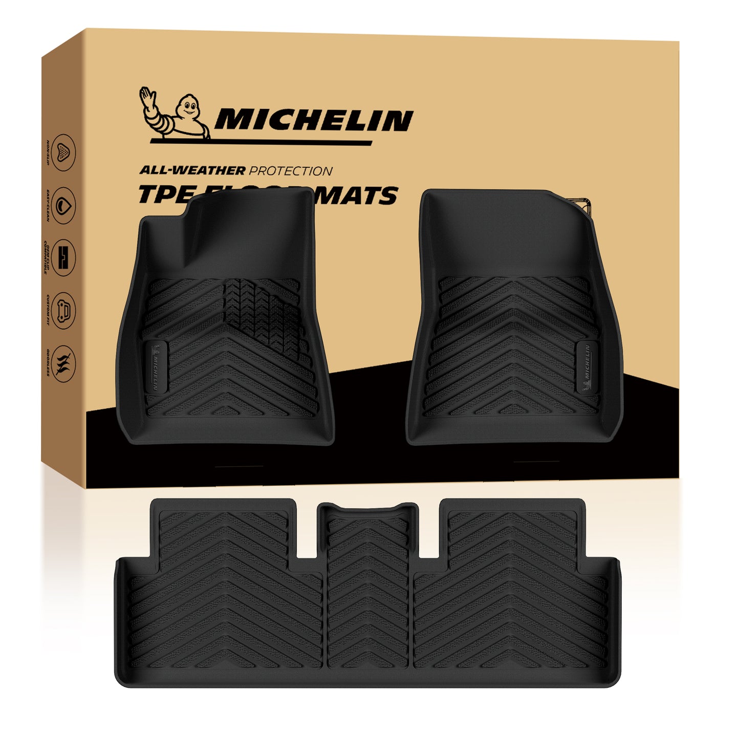 MICHELIN brand 3-piece set of black all-weather TPE custom-fit car floor mats exclusively designed for 2017-2023 Tesla Model 3. Includes driver, front passenger, and one-piece rear mats, featuring high-density TPE construction and a non-slip texture for ultimate water and dirt protection in the vehicle interior.