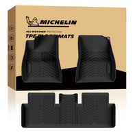 MICHELIN brand 3-piece set of black all-weather TPE custom-fit car floor mats exclusively designed for 2017-2023 Tesla Model 3. Includes driver, front passenger, and one-piece rear mats, featuring high-density TPE construction and a non-slip texture for ultimate water and dirt protection in the vehicle interior.