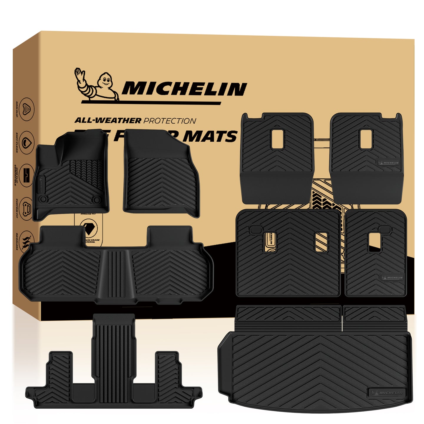 MICHELIN premium black all-weather TPE custom-fit floor mat and cargo liner set for 2024-2026 GMC Acadia, Chevy Traverse, and 2025-2026 Buick Enclave 7-seat models with captain chairs. Includes front, 2nd, and 3rd-row mats, plus a trunk liner with seat back protectors for complete 3-row interior coverage.
