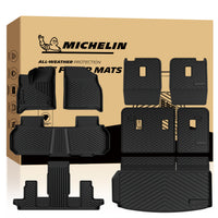 MICHELIN premium black all-weather TPE custom-fit floor mat and cargo liner set for 2024-2026 GMC Acadia, Chevy Traverse, and 2025-2026 Buick Enclave 7-seat models with captain chairs. Includes front, 2nd, and 3rd-row mats, plus a trunk liner with seat back protectors for complete 3-row interior coverage.