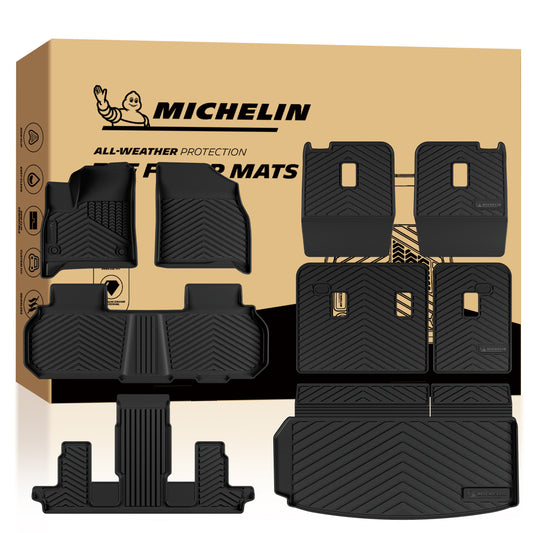MICHELIN premium black all-weather TPE custom-fit floor mat and cargo liner set for 2024-2026 GMC Acadia, Chevy Traverse, and 2025-2026 Buick Enclave 7-seat models with captain chairs. Includes front, 2nd, and 3rd-row mats, plus a trunk liner with seat back protectors for complete 3-row interior coverage.