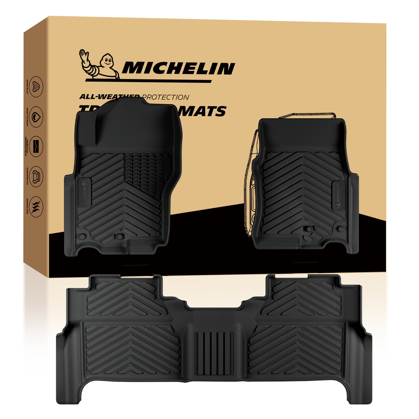 Michelin all-weather TPE floor mats, advanced protection for vehicles, durable and slip-resistant, custom-fit car mats.