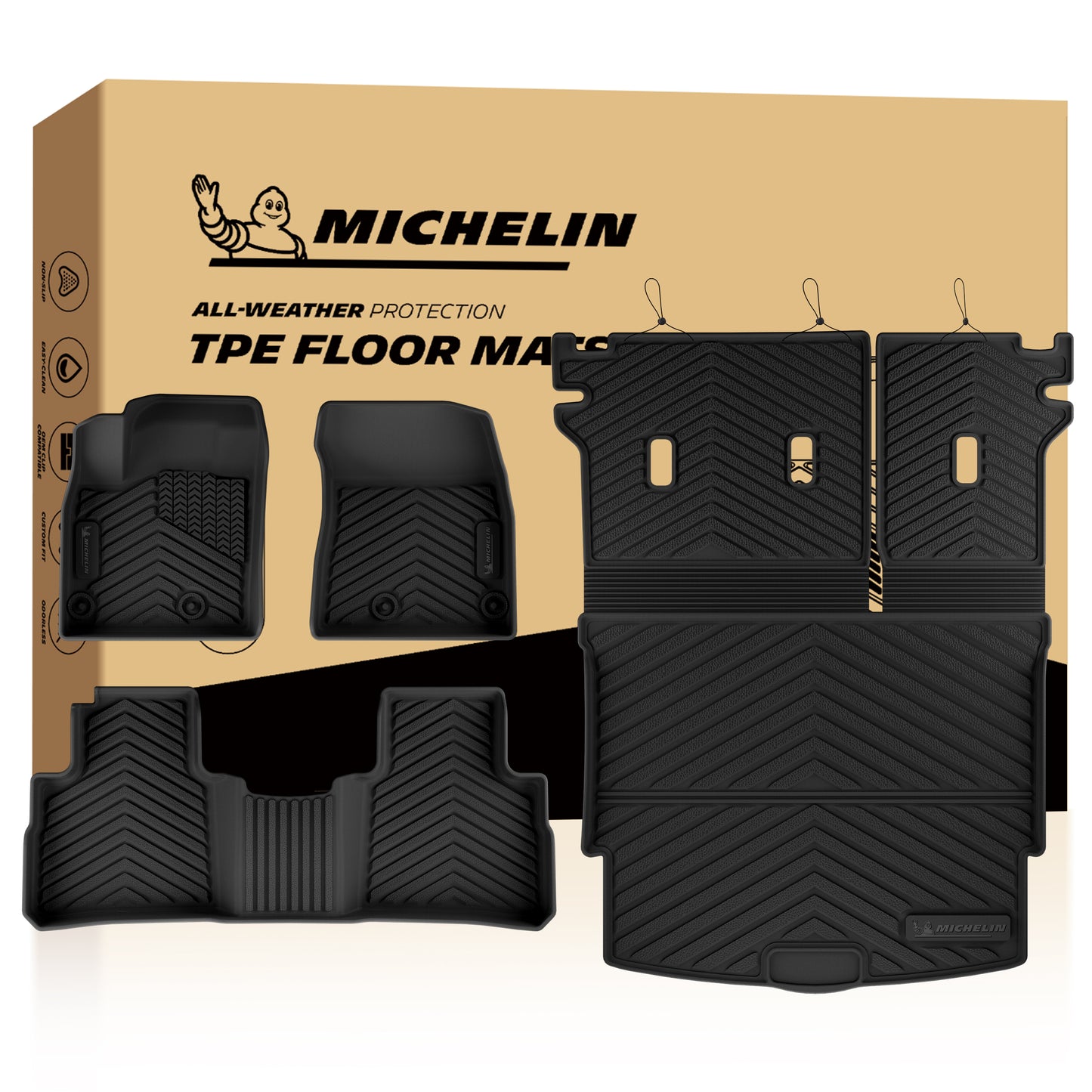 Full set Michelin all-weather TPE car floor mats including front, second row & cargo liner with retail box

