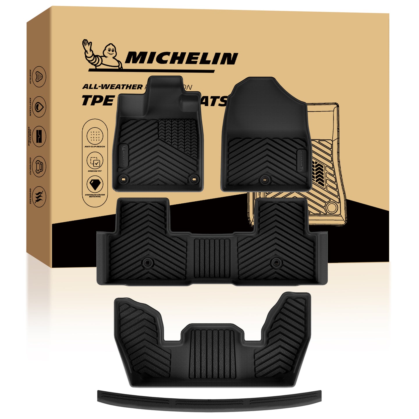 MICHELIN premium black all-weather TPE custom-fit car floor mat and rear bumper protector set exclusively designed for 2023-2026 Honda Pilot 7 and 8-seat models. Includes front, 2nd-row, and 3rd-row mats, plus a dedicated rear bumper scratch guard, offering ultimate full-coverage protection from the interior to the tailgate sill.