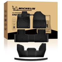 MICHELIN premium black all-weather TPE custom-fit car floor mat and rear bumper protector set exclusively designed for 2023-2026 Honda Pilot 7 and 8-seat models. Includes front, 2nd-row, and 3rd-row mats, plus a dedicated rear bumper scratch guard, offering ultimate full-coverage protection from the interior to the tailgate sill.