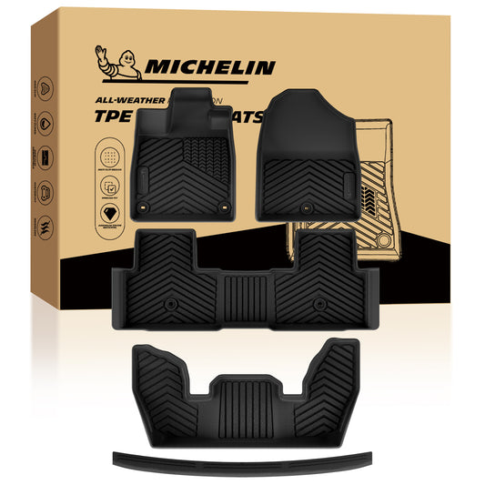 MICHELIN premium black all-weather TPE custom-fit car floor mat and rear bumper protector set exclusively designed for 2023-2026 Honda Pilot 7 and 8-seat models. Includes front, 2nd-row, and 3rd-row mats, plus a dedicated rear bumper scratch guard, offering ultimate full-coverage protection from the interior to the tailgate sill.