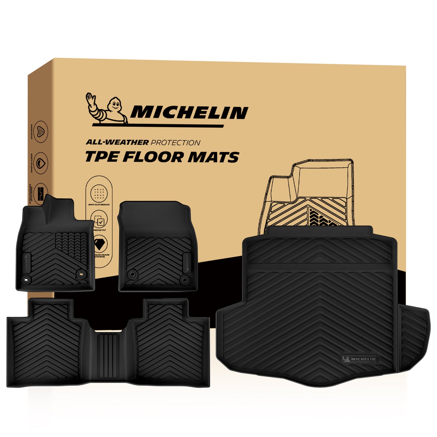 Michelin all-weather TPE floor mats, advanced protection for vehicles, durable and slip-resistant, custom-fit car mats.