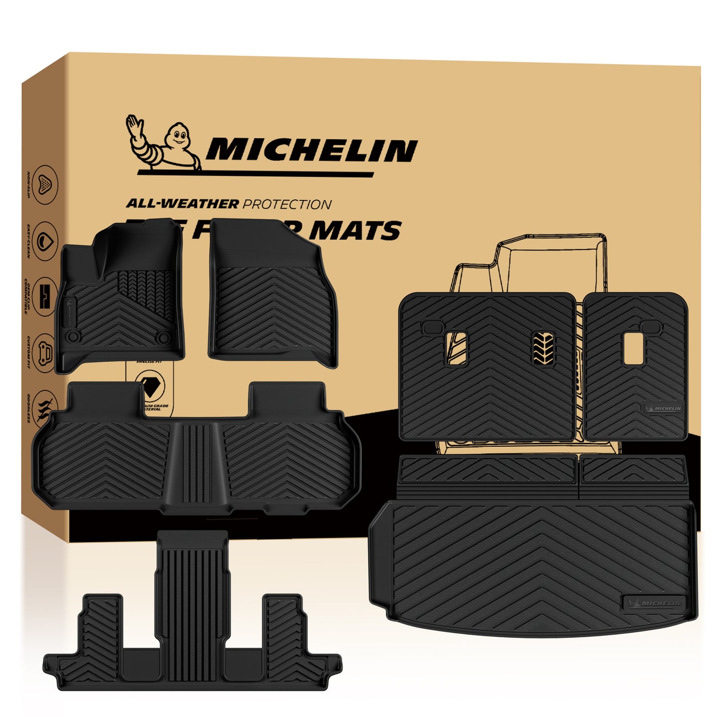 MICHELIN premium black all-weather TPE custom-fit floor mat and cargo liner set for 2024-2026 GMC Acadia, Chevy Traverse, and 2025-2026 Buick Enclave 7-seat models with captain chairs. Includes front, 2nd, and 3rd-row mats, plus a trunk liner with seat back protectors for complete 3-row interior coverage.