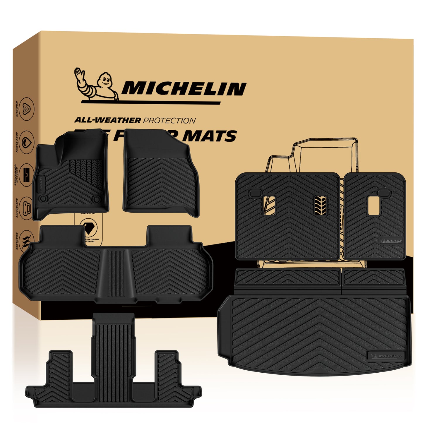 MICHELIN premium black all-weather TPE custom-fit floor mat and cargo liner set for 2024-2026 GMC Acadia, Chevy Traverse, and 2025-2026 Buick Enclave 7-seat models with captain chairs. Includes front, 2nd, and 3rd-row mats, plus a trunk liner with seat back protectors for complete 3-row interior coverage.