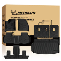 MICHELIN premium black all-weather TPE custom-fit floor mat and cargo liner set for 2024-2026 GMC Acadia, Chevy Traverse, and 2025-2026 Buick Enclave 7-seat models with captain chairs. Includes front, 2nd, and 3rd-row mats, plus a trunk liner with seat back protectors for complete 3-row interior coverage.