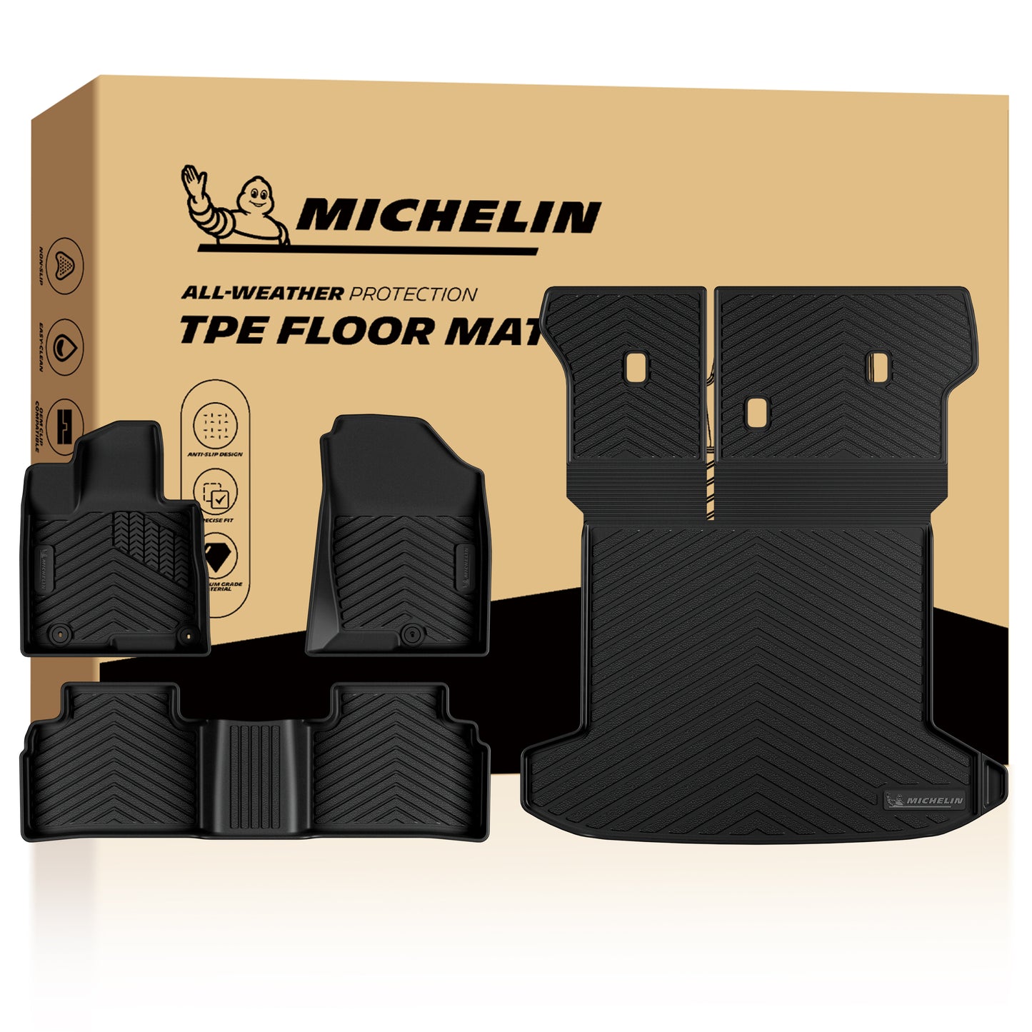 MICHELIN premium black all-weather TPE custom-fit car floor mats and integrated trunk mat set exclusively designed for the 2022-2026 Hyundai Tucson Gas models. Includes front and rear row mats, plus a cargo liner with rear seat backrest protectors, featuring high-density TPE for ultimate waterproof full-interior coverage.