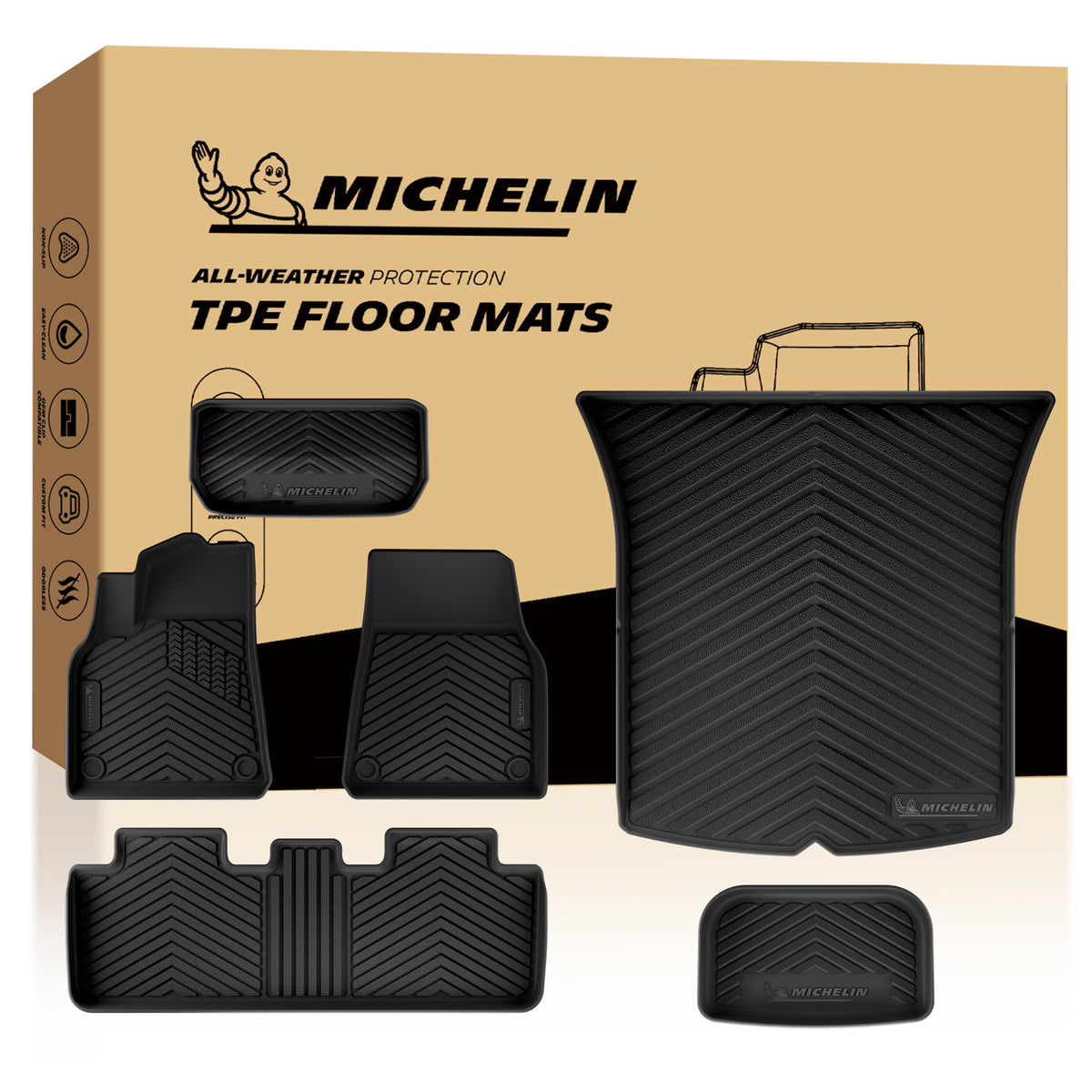 Michelin all-weather TPE floor mats, fits 2020-2025 Tesla Model Y 5-seater, trunk installation shown, custom-fit for perfect floor coverage.