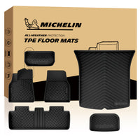 Michelin all-weather TPE floor mats, fits 2020-2025 Tesla Model Y 5-seater, trunk installation shown, custom-fit for perfect floor coverage.