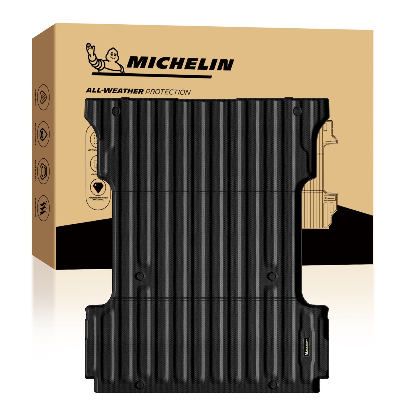 Michelin all-weather truck bed mat displayed in front of branded product packaging.
