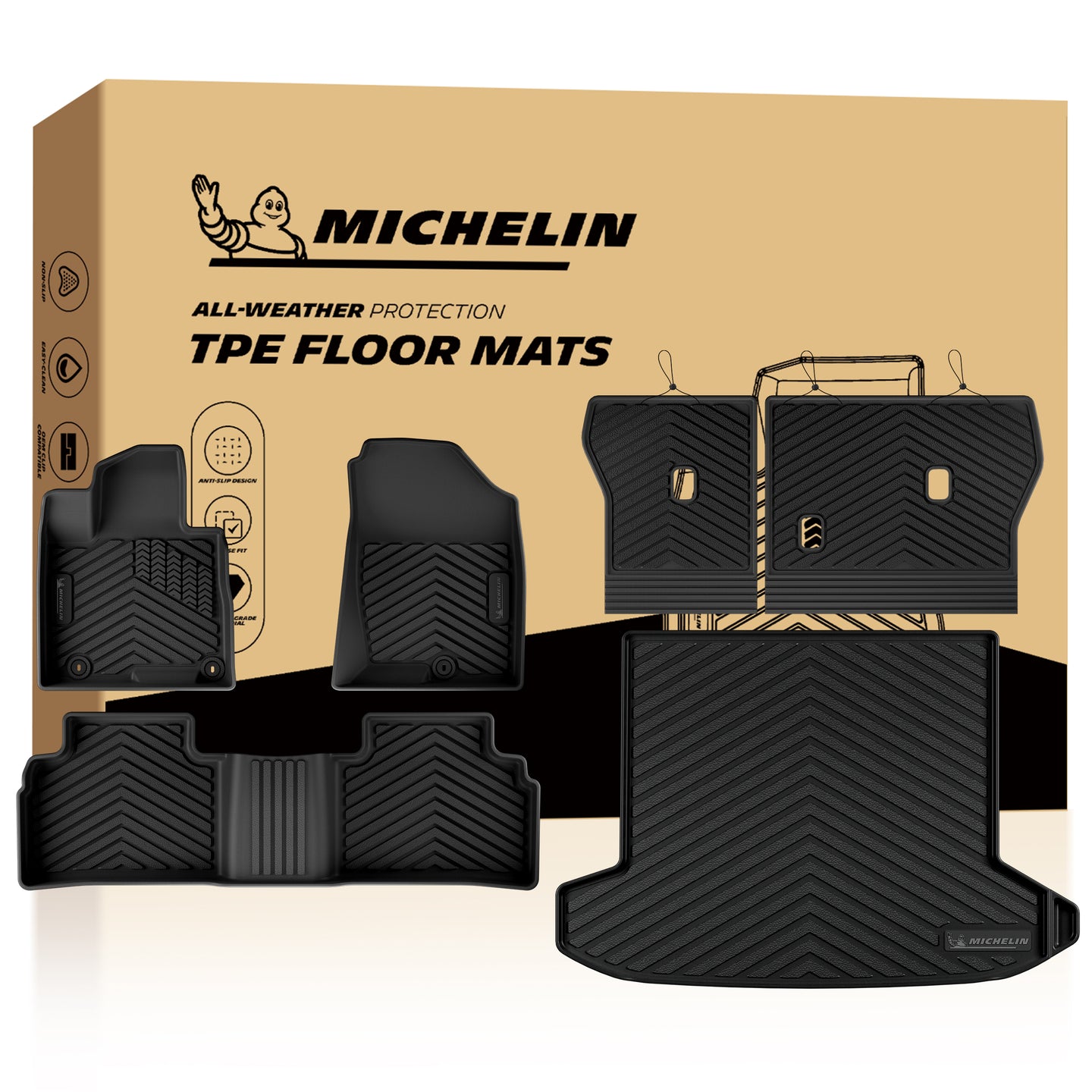 Full set Michelin custom TPE floor mats including front foot mats, rear row mat, rear seat back mats and trunk cargo mat with retail package