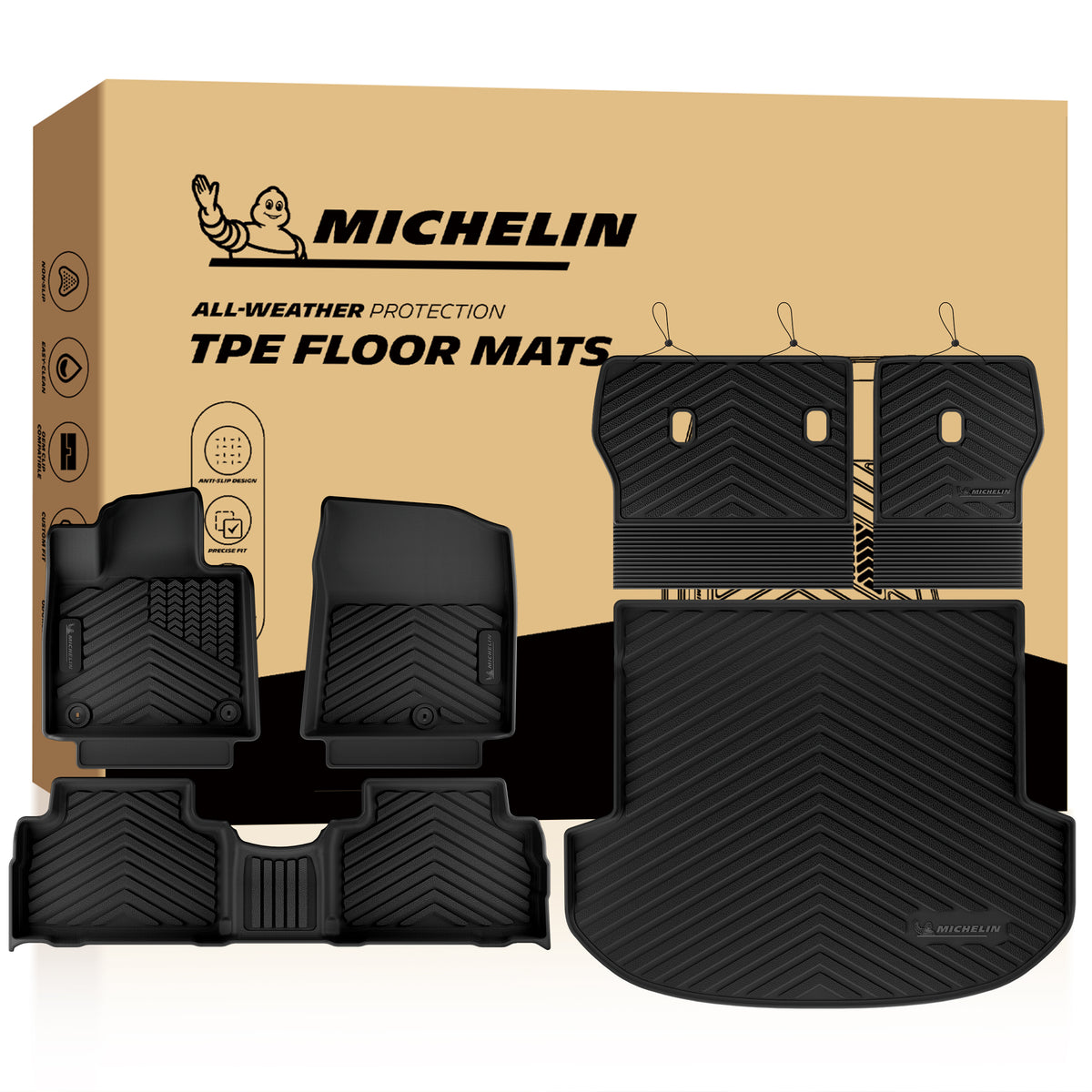 Michelin all-weather TPE floor mats full set, includes driver, passenger, rear bench mats, seat backrest mats, and cargo mat, advanced protection for vehicles, custom-fit car mats.
