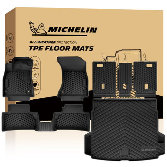 Michelin all-weather TPE cargo mat, fits 2025-2026 Audi Q5, trunk installation shown, custom-fit for perfect floor coverage.