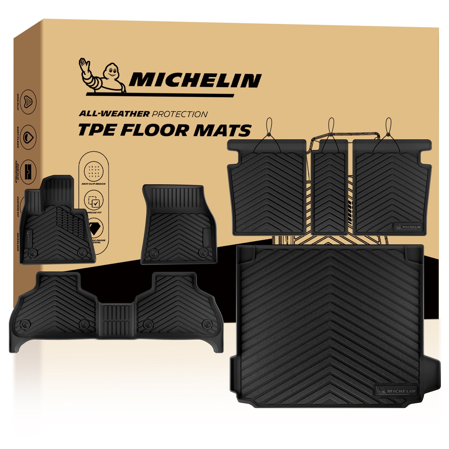 Complete Michelin all-weather TPE mat set: front mats, rear liner, full trunk cargo mat with original packaging box