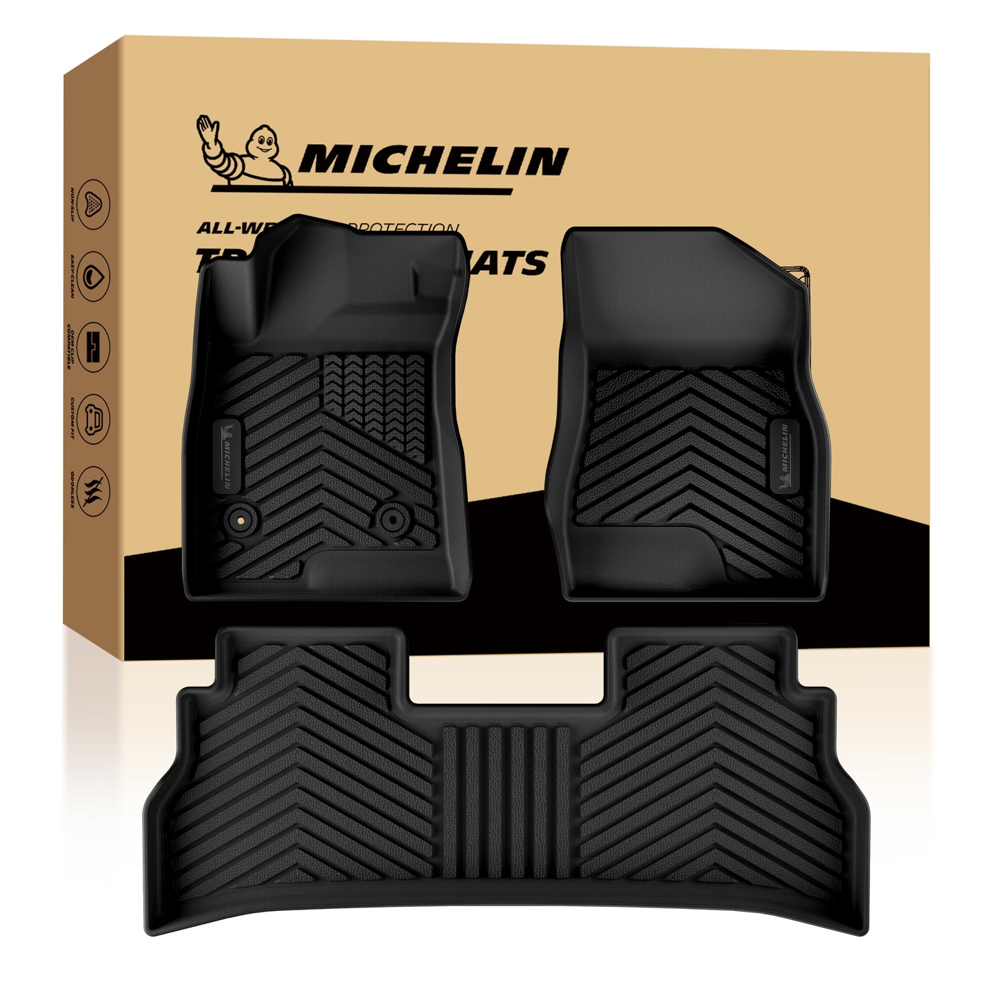 MICHELIN premium black all-weather TPE custom-fit 3-piece car floor mat set exclusively designed for 2024-2026 Chevy Trax and Buick Envista. Includes front mats and a one-piece rear mat, featuring high-density TPE for ultimate waterproof interior protection.