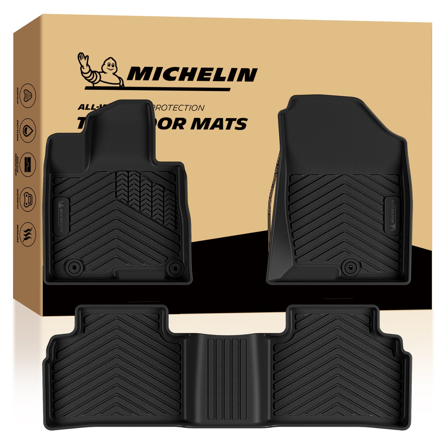 A MICHELIN brand 3-piece set of black rubber all-weather custom-fit vehicle floor mats, including driver, front passenger, and one-piece rear mats, featuring high-density rubber construction, a non-slip surface texture, and precision design for a perfect fit to specific vehicle models, offering water and dirt protection.