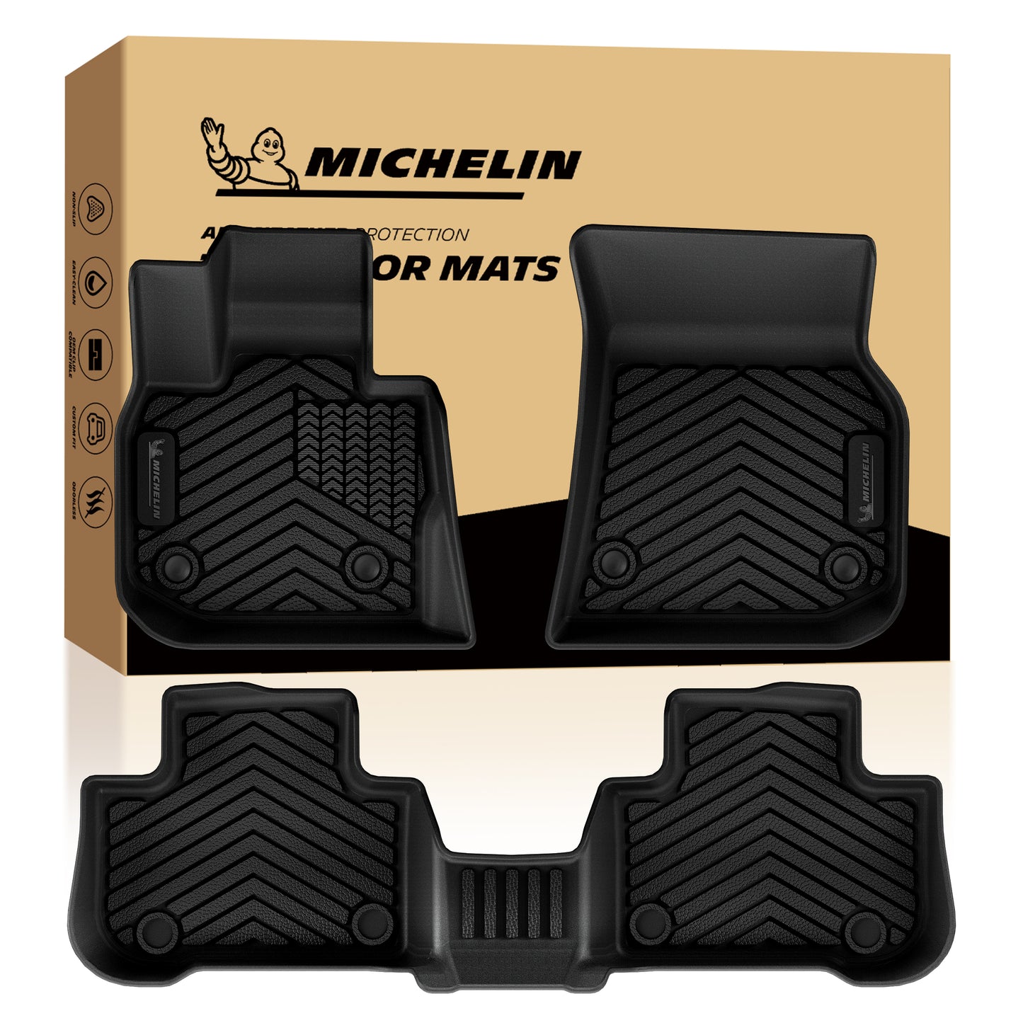 Complete 3-piece Michelin TPE floor mat set for BMW X3/X4 with retail box