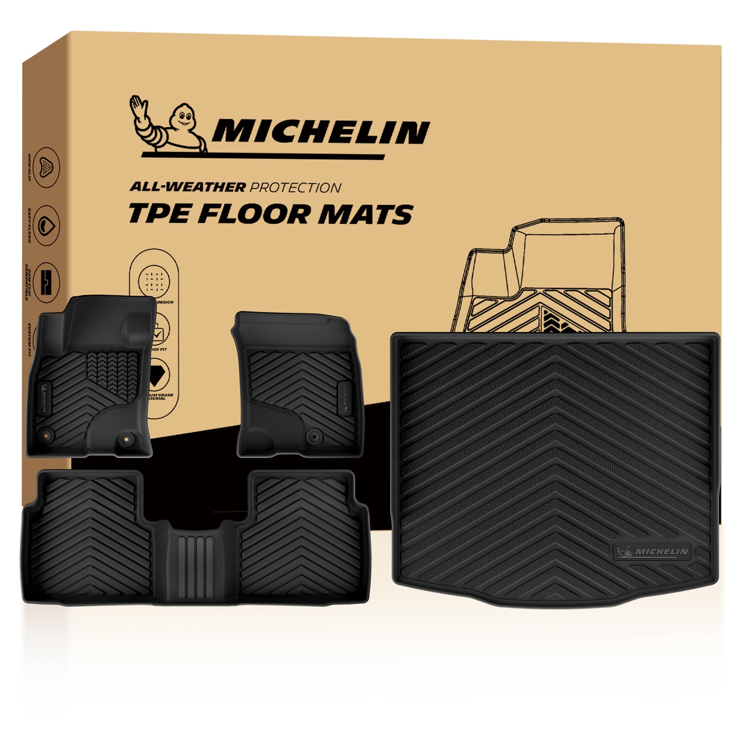 Michelin all-weather TPE floor mats full set with front mats, rear mat and cargo liner, original retail box.