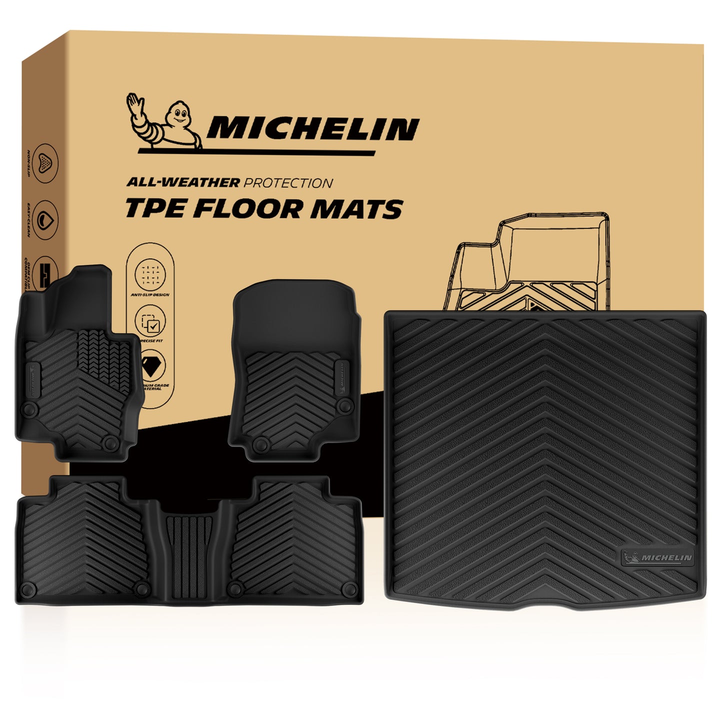 Michelin all‑weather TPE car floor mats full set (front mats, rear mat, cargo liner) with original retail packaging box