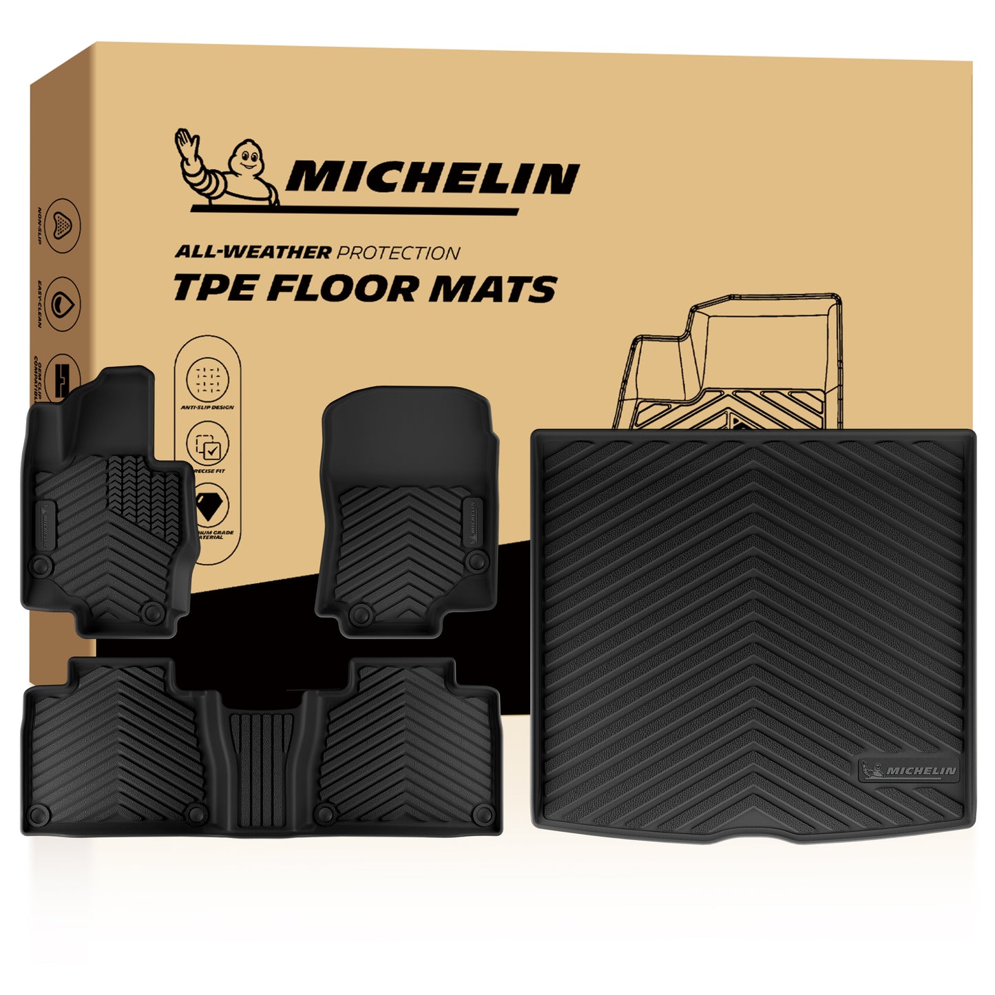Michelin all‑weather TPE car floor mats full set (front mats, rear mat, cargo liner) with original retail packaging box
