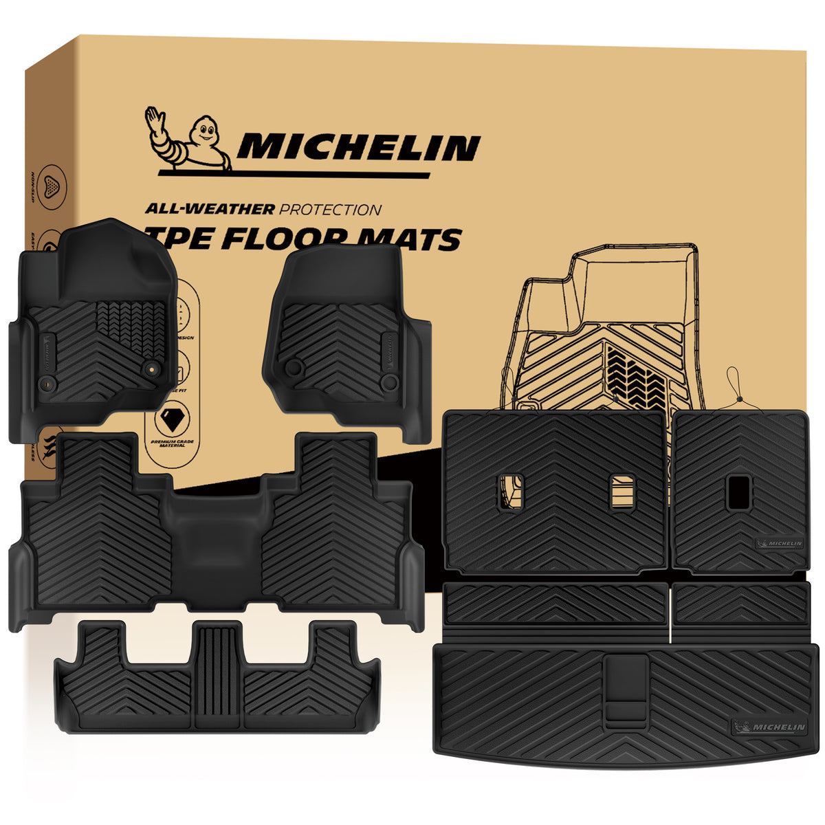 Michelin all-weather TPE floor mats full set, includes driver, passenger, second-row, third-row bench mats, seat backrest mats, and cargo mat, advanced protection for vehicles, custom-fit car mats.