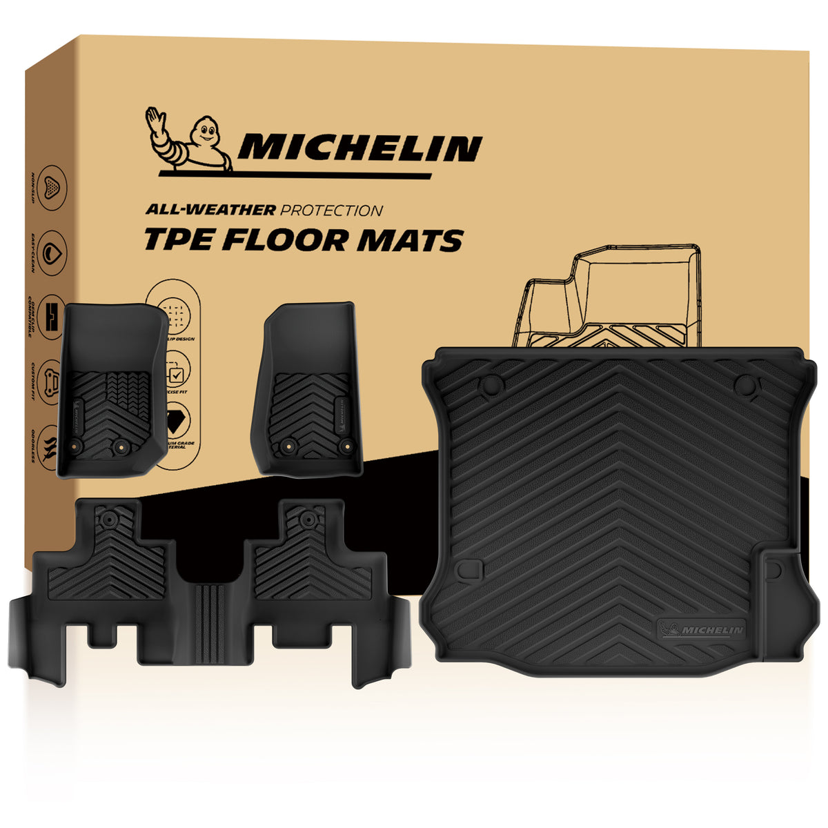 Michelin all-weather TPE floor mats full set, includes driver, passenger, rear bench, and cargo mats, advanced protection for vehicles, custom-fit car mats.