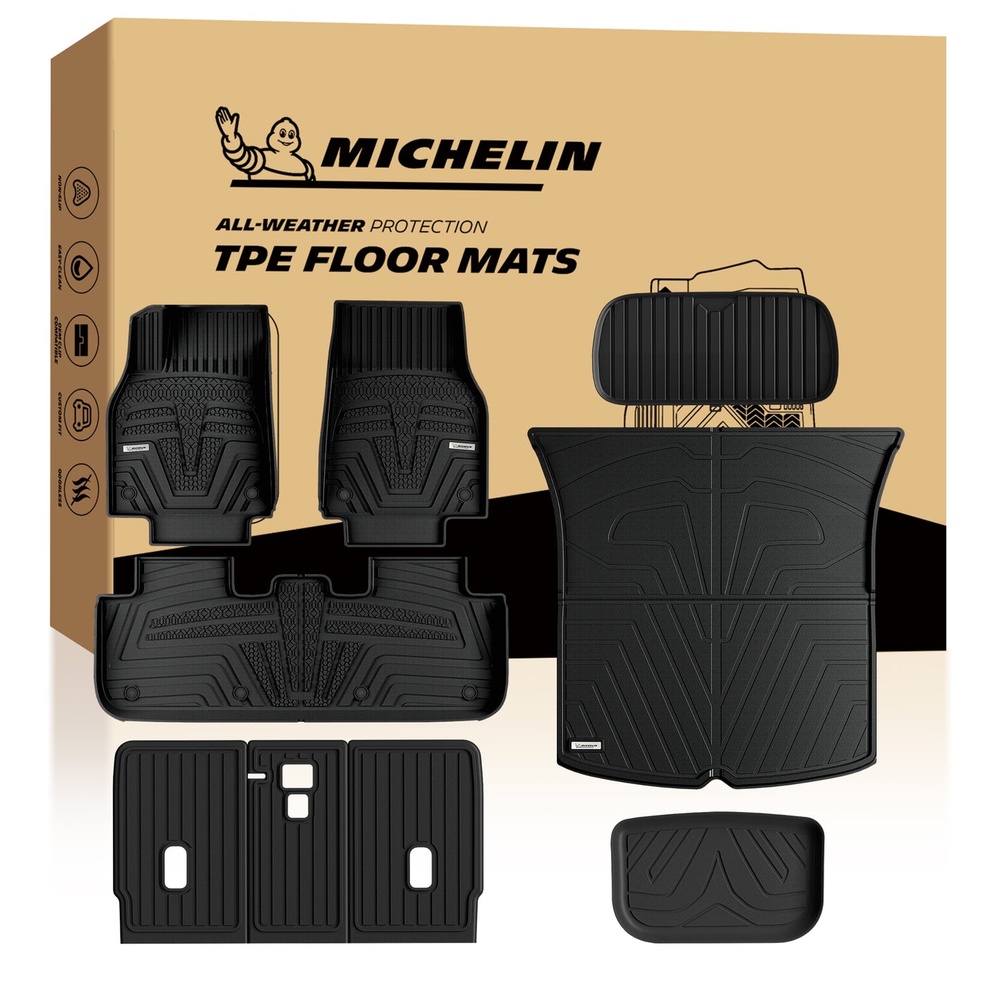 Michelin Elite Series Floor Mats for 2025 2026 Tesla Model Y Juniper 5 Seater, Floor & Frunk & Trunk & Rear Lower & Backrest Mat, Not Fit Standard, All-Weather Floor Liner & Trunk Mat