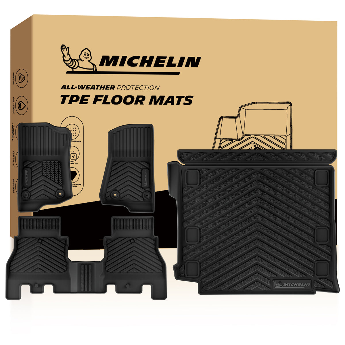 Michelin all-weather TPE floor mats, fits 2018-2026 Jeep Wrangler JL, rear cargo area installation shown, custom-fit for perfect floor coverage.