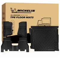Michelin all-weather TPE floor mats, fits 2018-2026 Jeep Wrangler JL, rear cargo area installation shown, custom-fit for perfect floor coverage.
