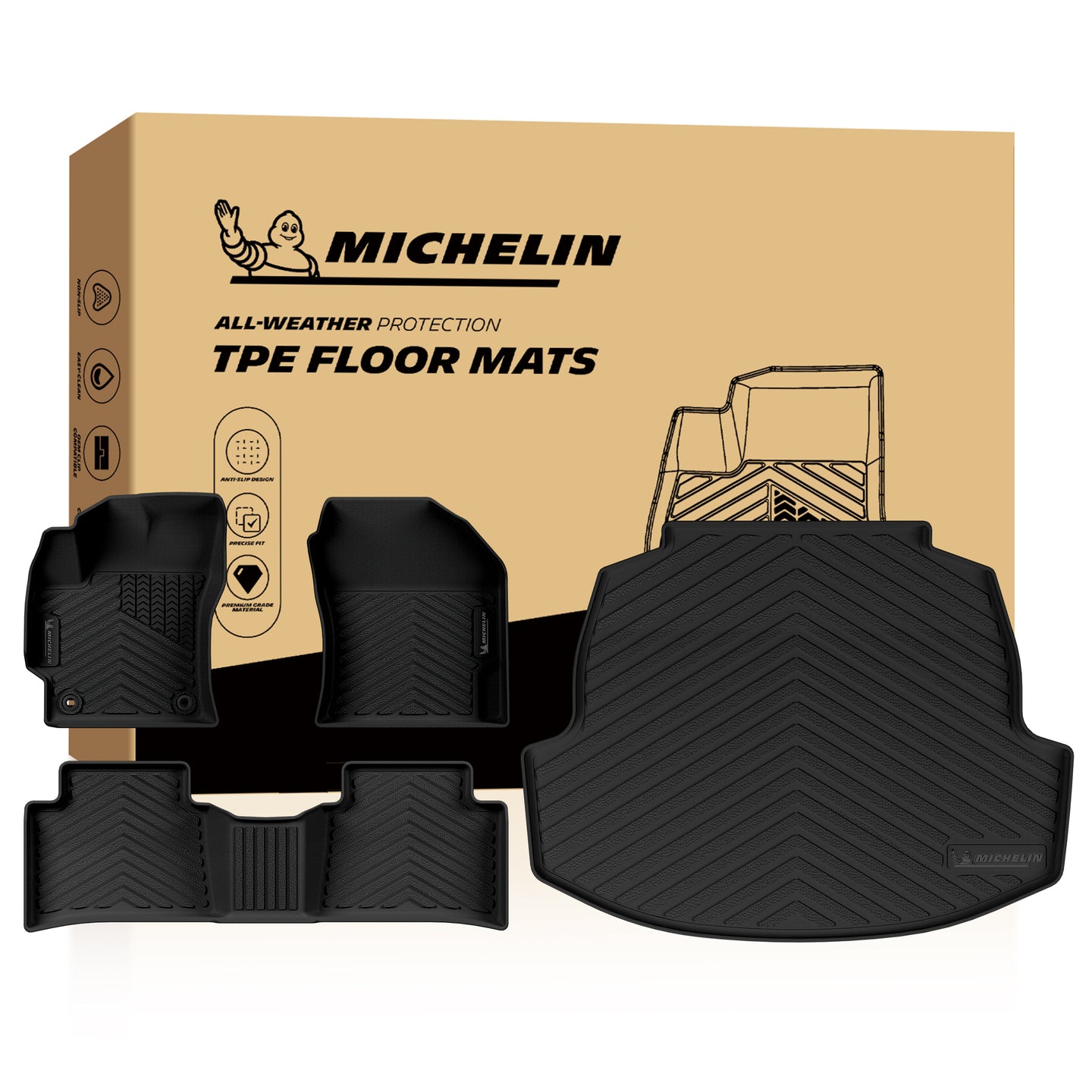 Complete Michelin floor mat set: front, rear and trunk cargo liners with branded packaging
