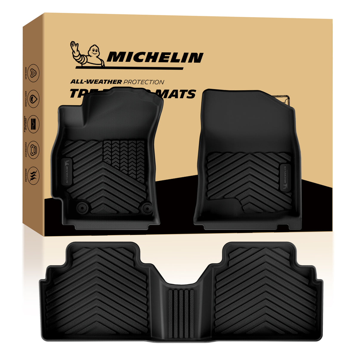 MICHELIN premium black all-weather TPE custom-fit 3-piece car floor mat set designed for 2021-2026 Hyundai Elantra Gas and Elantra N Manual models. Includes front and one-piece rear mats, featuring high-density TPE for complete interior waterproof protection.