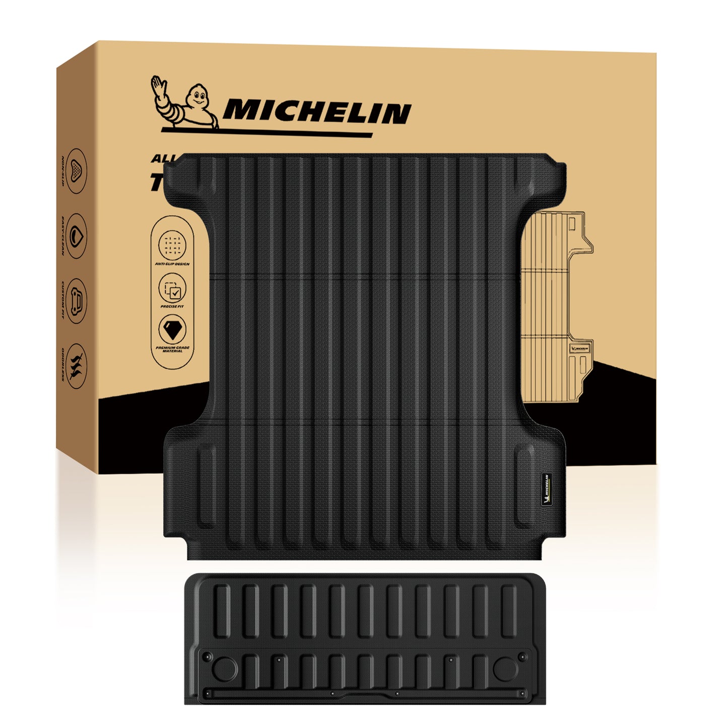 MICHELIN custom-fit black heavy-duty truck bed mat and tailgate mat set. Features a thick, durable construction with deep vertical drainage channels and a non-slip textured surface, precisely molded to accommodate wheel wells for ultimate cargo protection, scratch resistance, and all-weather defense.