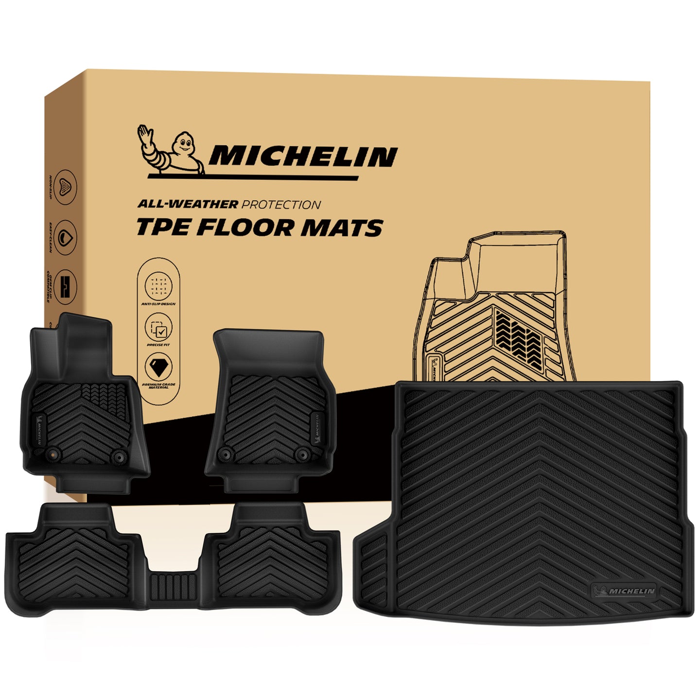 Complete Michelin TPE floor mat set: front mats, rear full mat, trunk liner with retail packaging box
