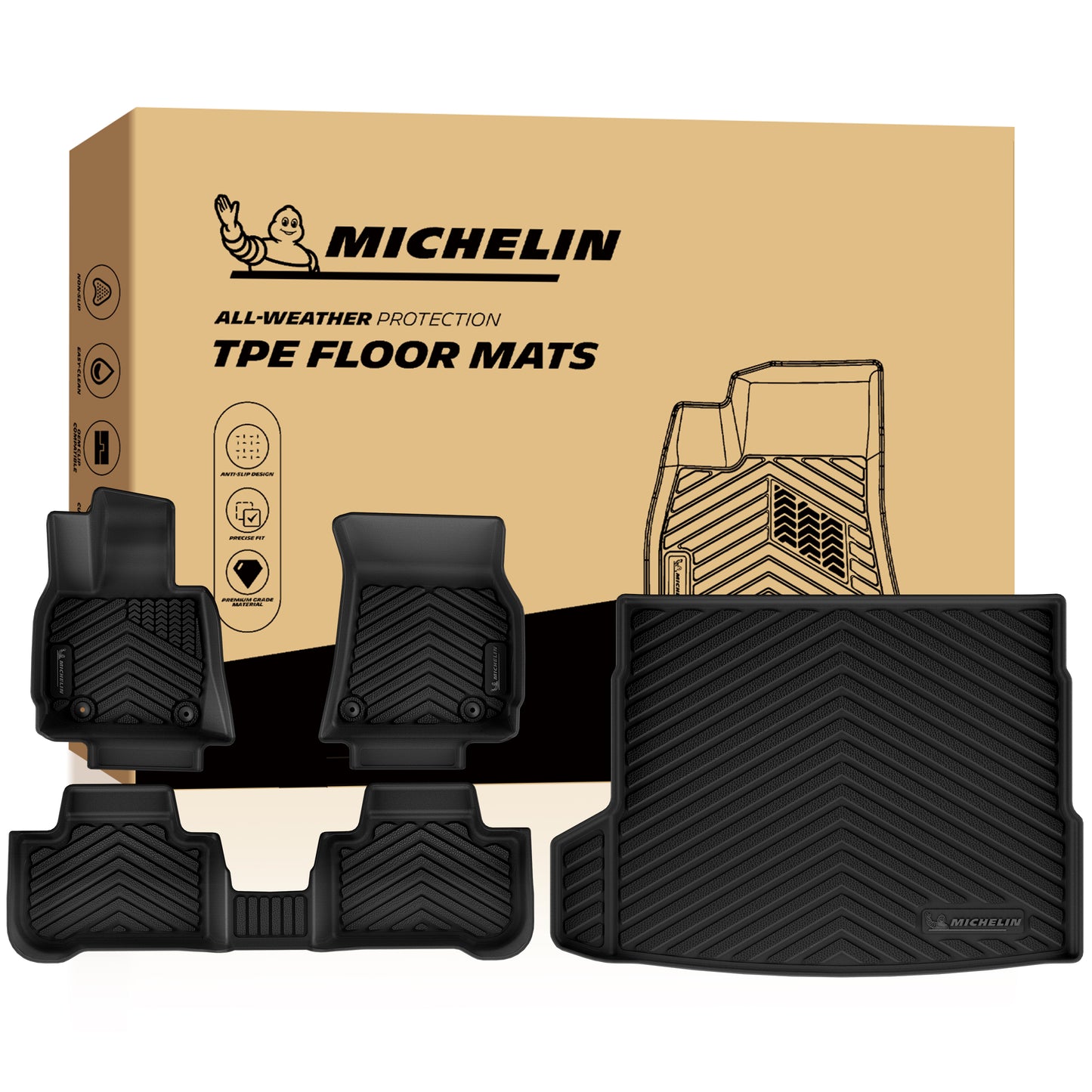 Complete Michelin TPE floor mat set: front mats, rear full mat, trunk liner with retail packaging box