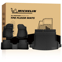 Michelin custom TPE car floor mats and trunk liner with labeled features, all-weather vehicle protection diagram