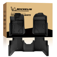 Michelin all-weather full set TPE car floor mats (front + rear) with branded retail packaging box.