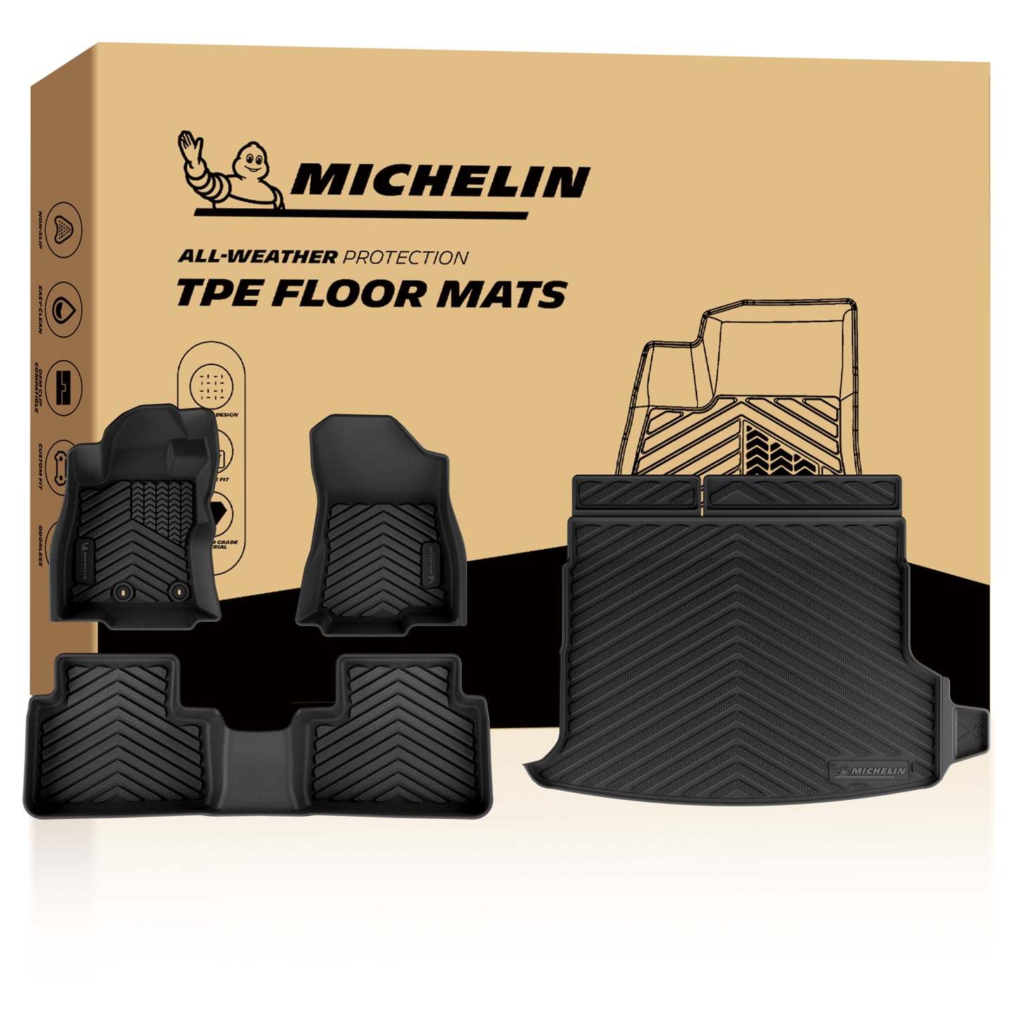 Complete set of Michelin all-weather TPE floor liners, including front mats, rear row mats and rear cargo trunk mat.
