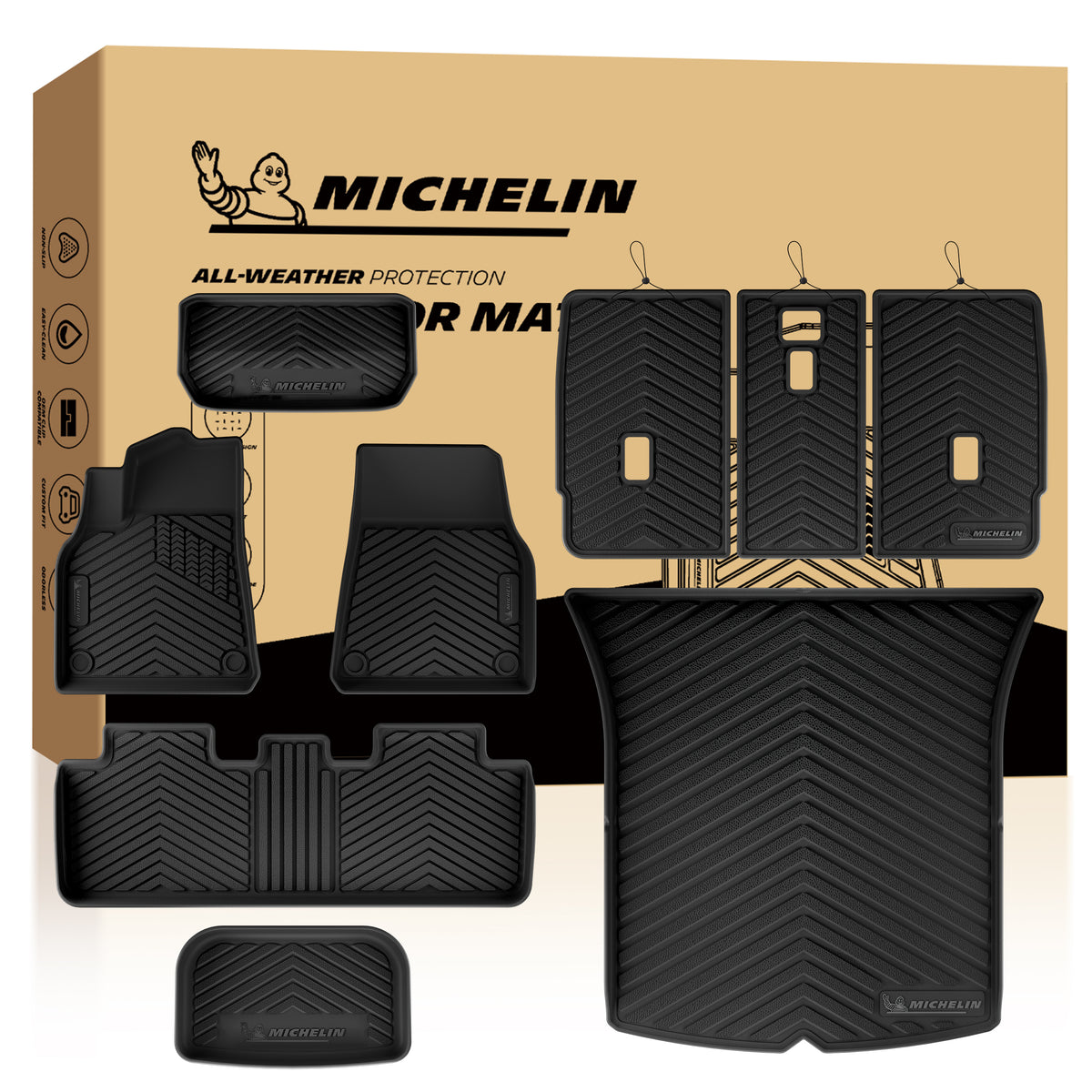 Michelin all-weather TPE floor mats, fits 2020-2025 Tesla Model Y 5-seater, trunk and rear seat backrest installation shown, custom-fit for perfect floor coverage.