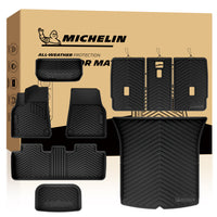Michelin all-weather TPE floor mats, fits 2020-2025 Tesla Model Y 5-seater, trunk and rear seat backrest installation shown, custom-fit for perfect floor coverage.