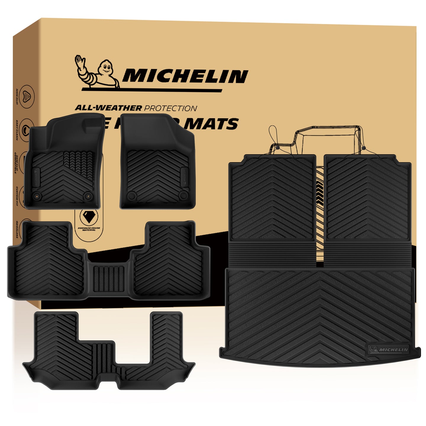 Full Michelin TPE floor and trunk mat set with retail packaging, 7-seat SUV complete interior protection liners