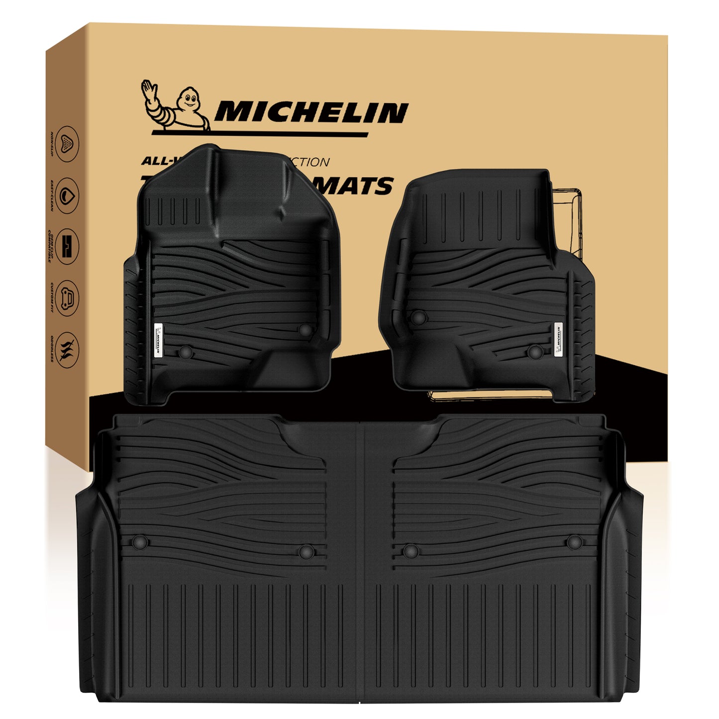 3-piece Michelin all-weather TPE floor mat set including front pair & full rear liner with retail box