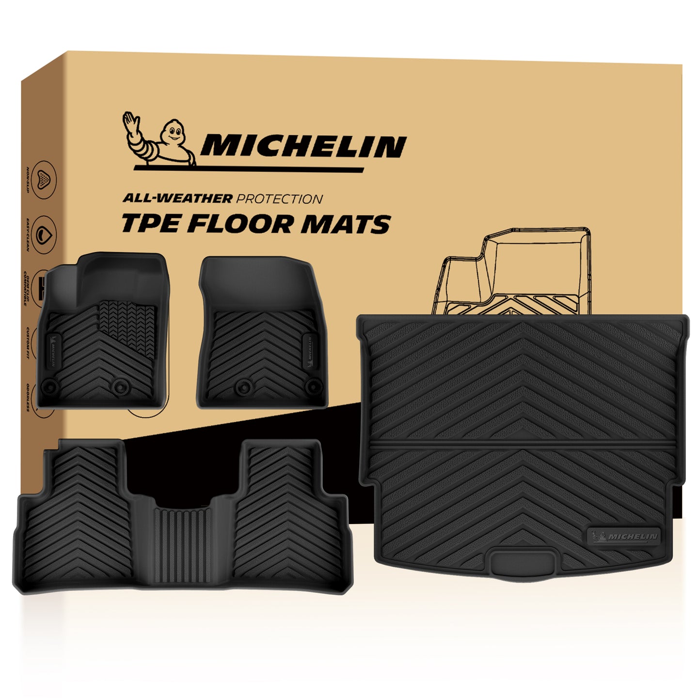 Michelin full set all-weather TPE car floor mats including front, rear liners & cargo mat with retail packaging
