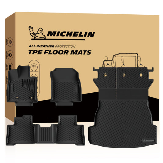 Michelin all-weather TPE floor mats, advanced protection for vehicles, durable and slip-resistant, custom-fit car mats.
