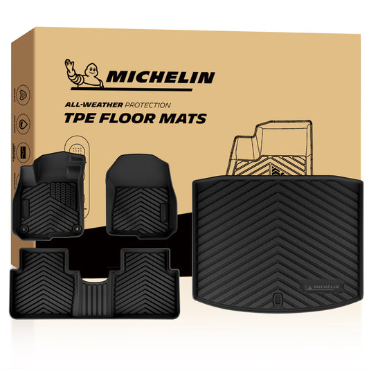 Complete all-weather TPE mat set: front liners, rear row mat and matching rear cargo tray liner